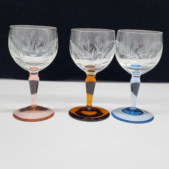 Set Of 3 Vintage Etched Glass Goblets With Pink Amber & Blue Stems Floral Design - Picture 3 of 7